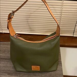 Dooney & Bourke Green Shoulder Bag with Slouchy Hobo Shape and Tan Leather Trim
